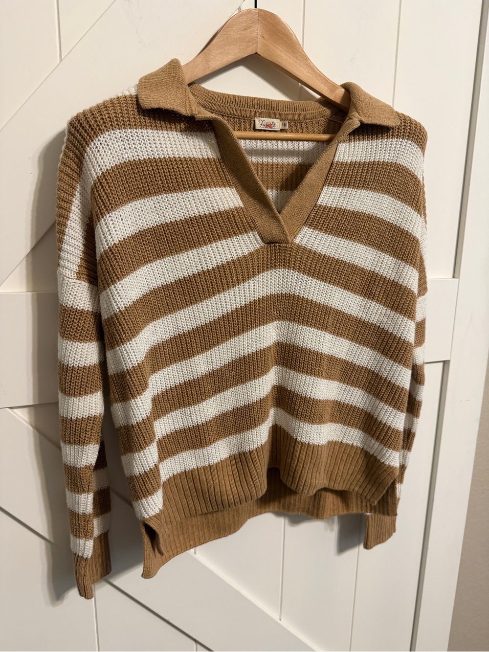 Faherty Women’s Small Linen Organic Cotton Striped Polo Sweater Tan Cream
